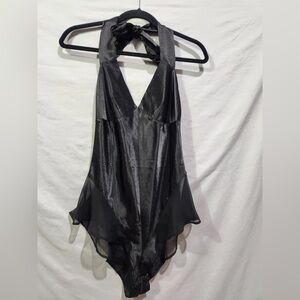 Women’s Black Satin Halter Teddy Onesie Playsuit